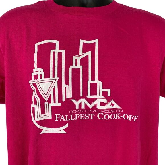 Vintage Houston YMCA Cook Off T Shirt Mens Large Texas 80s Made In USA Tee Pink - Picture 1 of 6